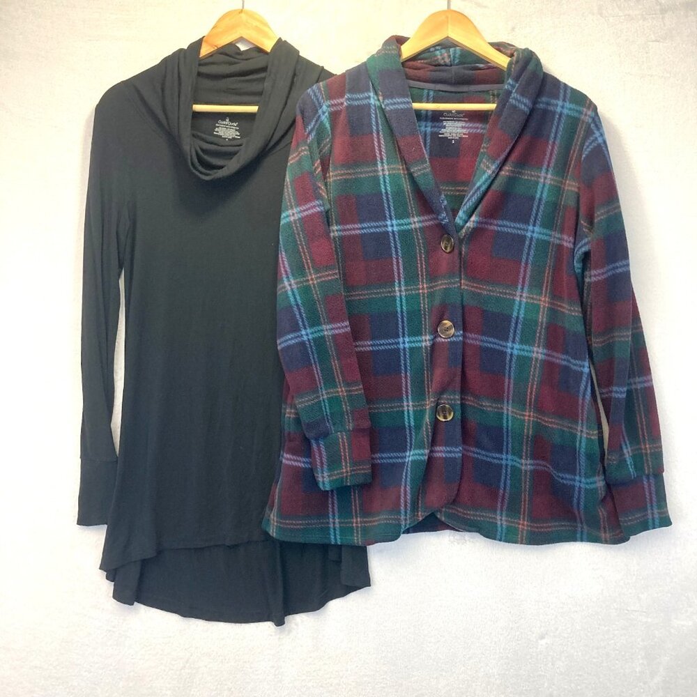 Lot of 2 Cuddl Duds Shirts Womens Small S Cowlneck & Cardigan Stretch Comfy Cozy
